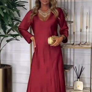 Full Size V-Neck Long Sleeve Midi Dress Plus Size | New Relaxed Fit Solid Dress